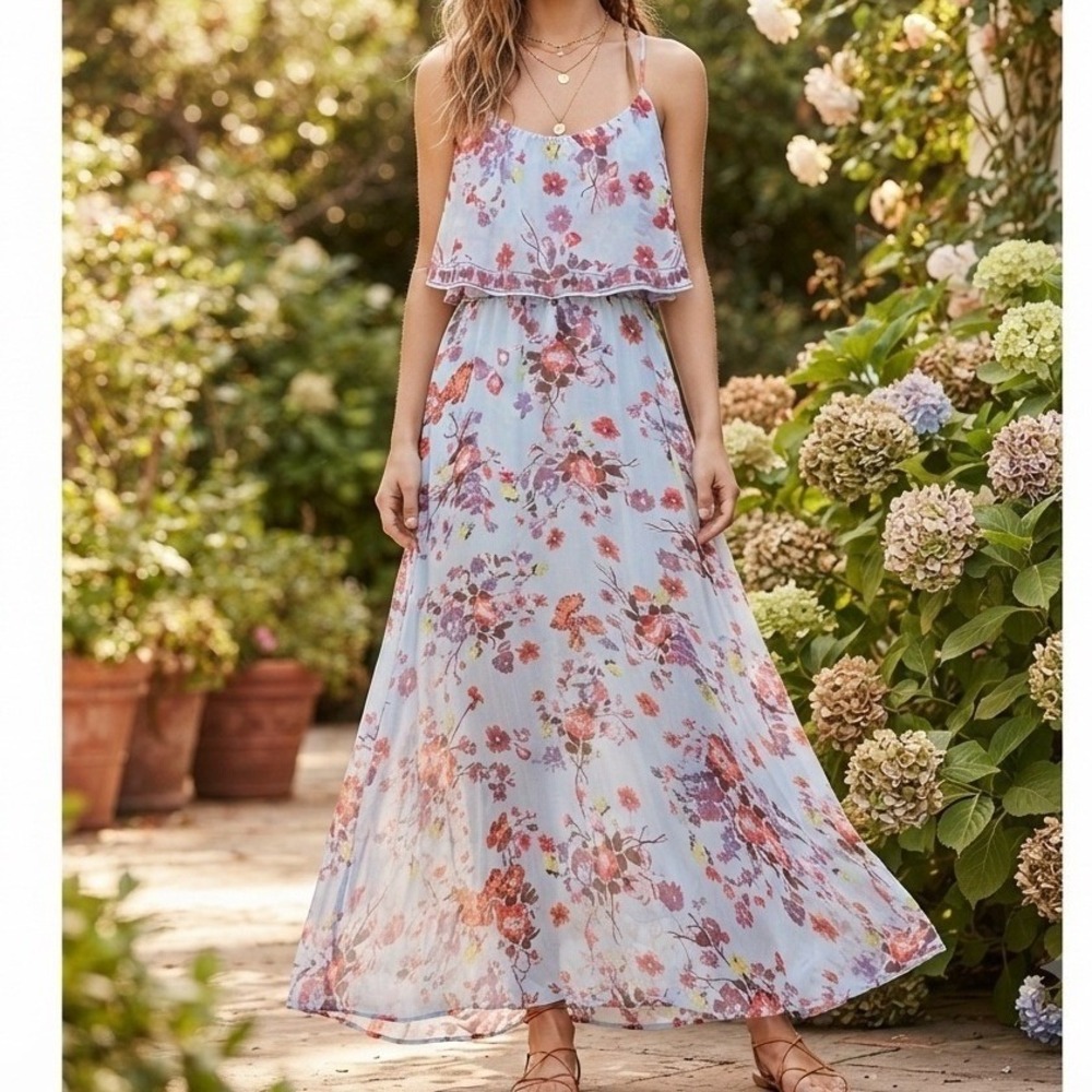 Princess Vera Wang Maxi Dress L Blue Floral Chiffon Ruffle Wedding Guest